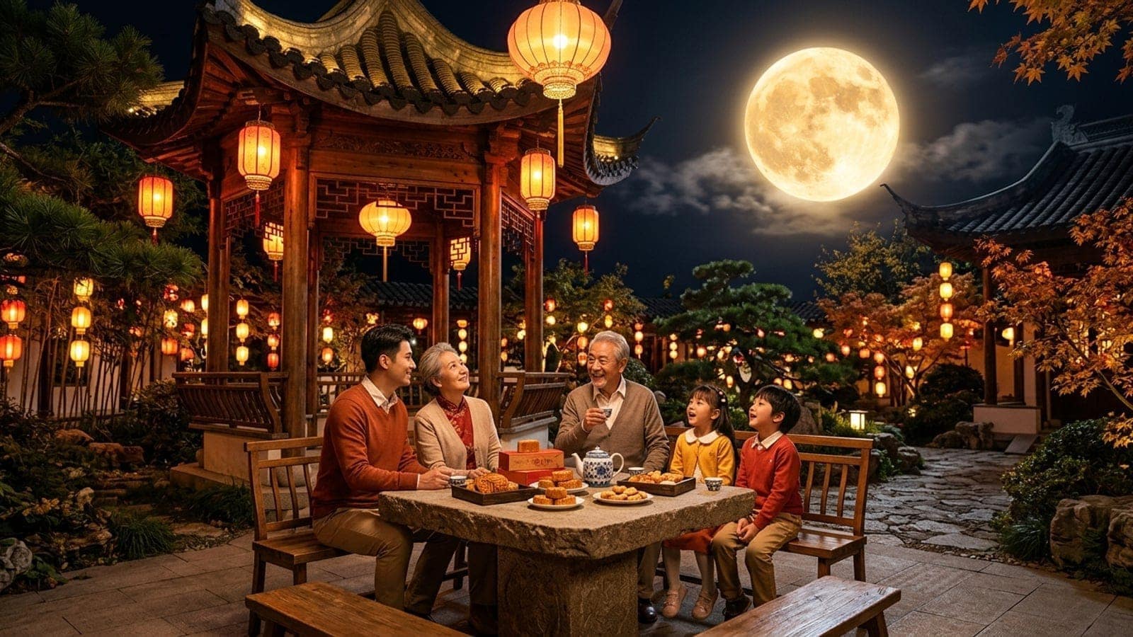 A family sharing mooncakes beneath lanterns and a full moon for Mid-Autumn Festival