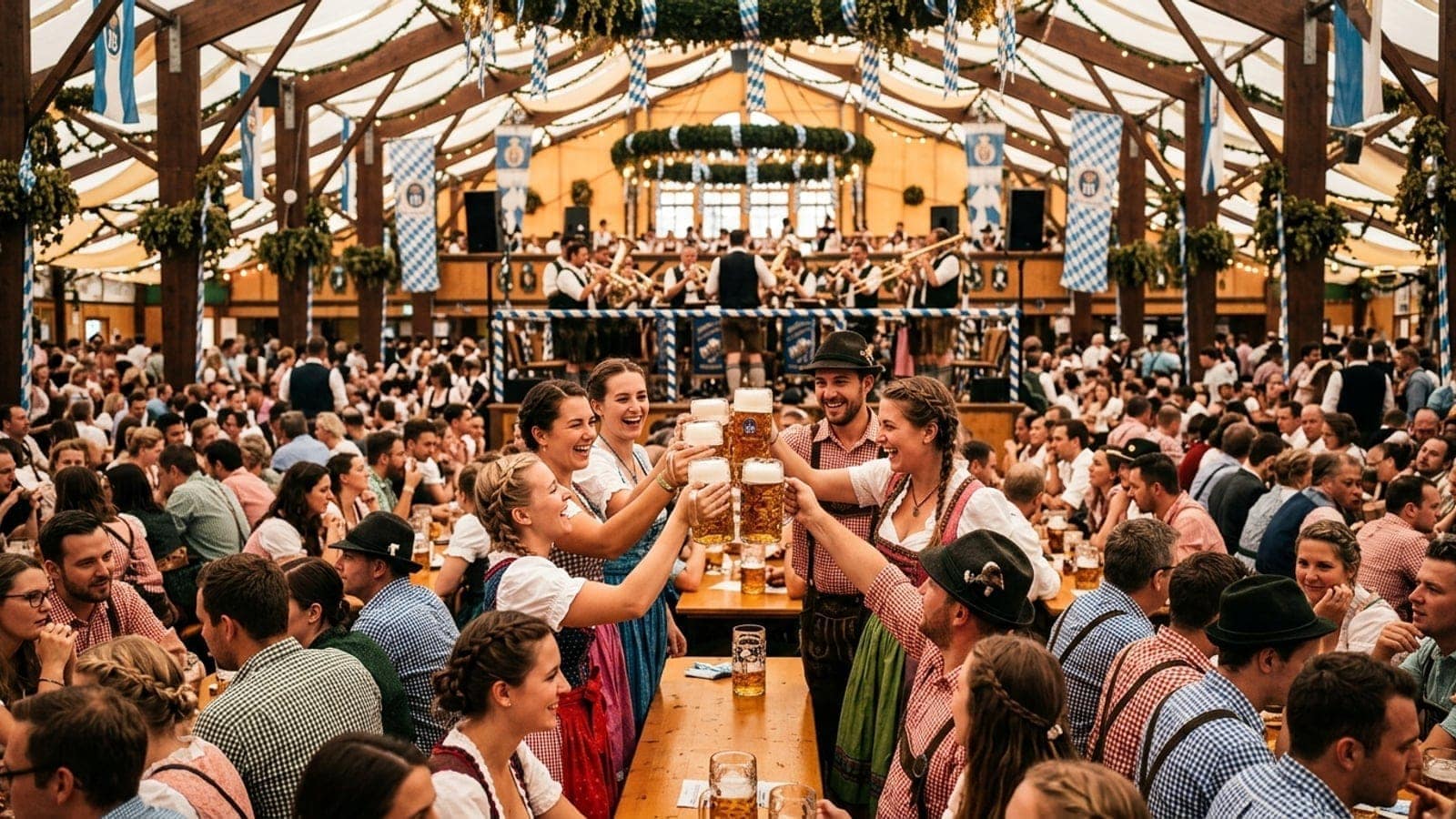 Visitors raising beer steins in a decorated Oktoberfest tent in Munich